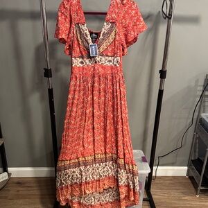 Angie Red and Brown Floral Maxi Dress